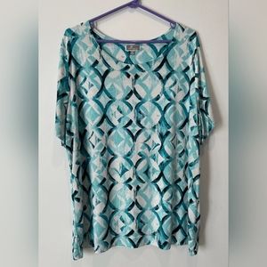 JM Collection Knit Top Size 3XL White Aqua Black Short Sleeve Women's Blouse